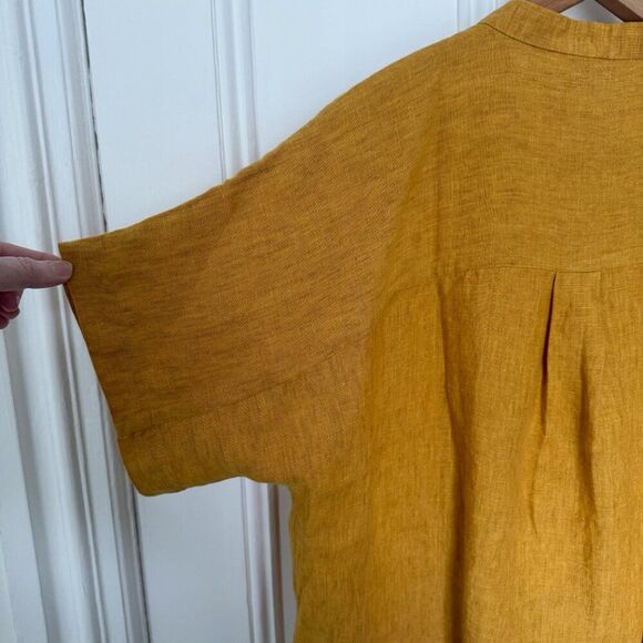 Eileen Fisher Large Linen Shirt NEW Marigold Mandarin Collar SS Button Down - Picture 3 of 7